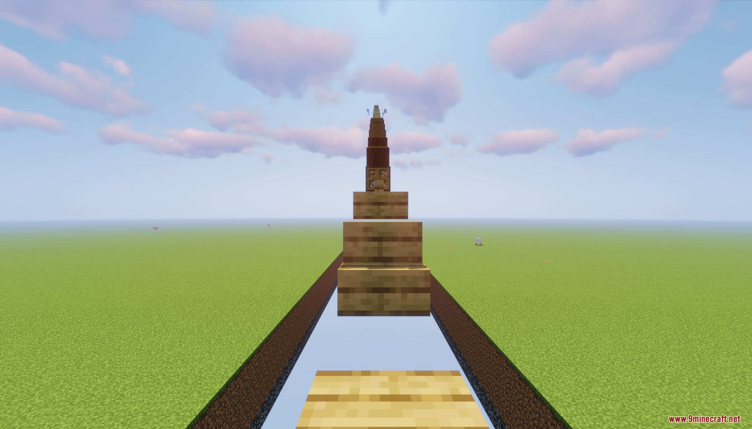 Parkour Blocks Map Screenshot 2 Floating wooden blocks create a jumping challenge leading to a distant tower