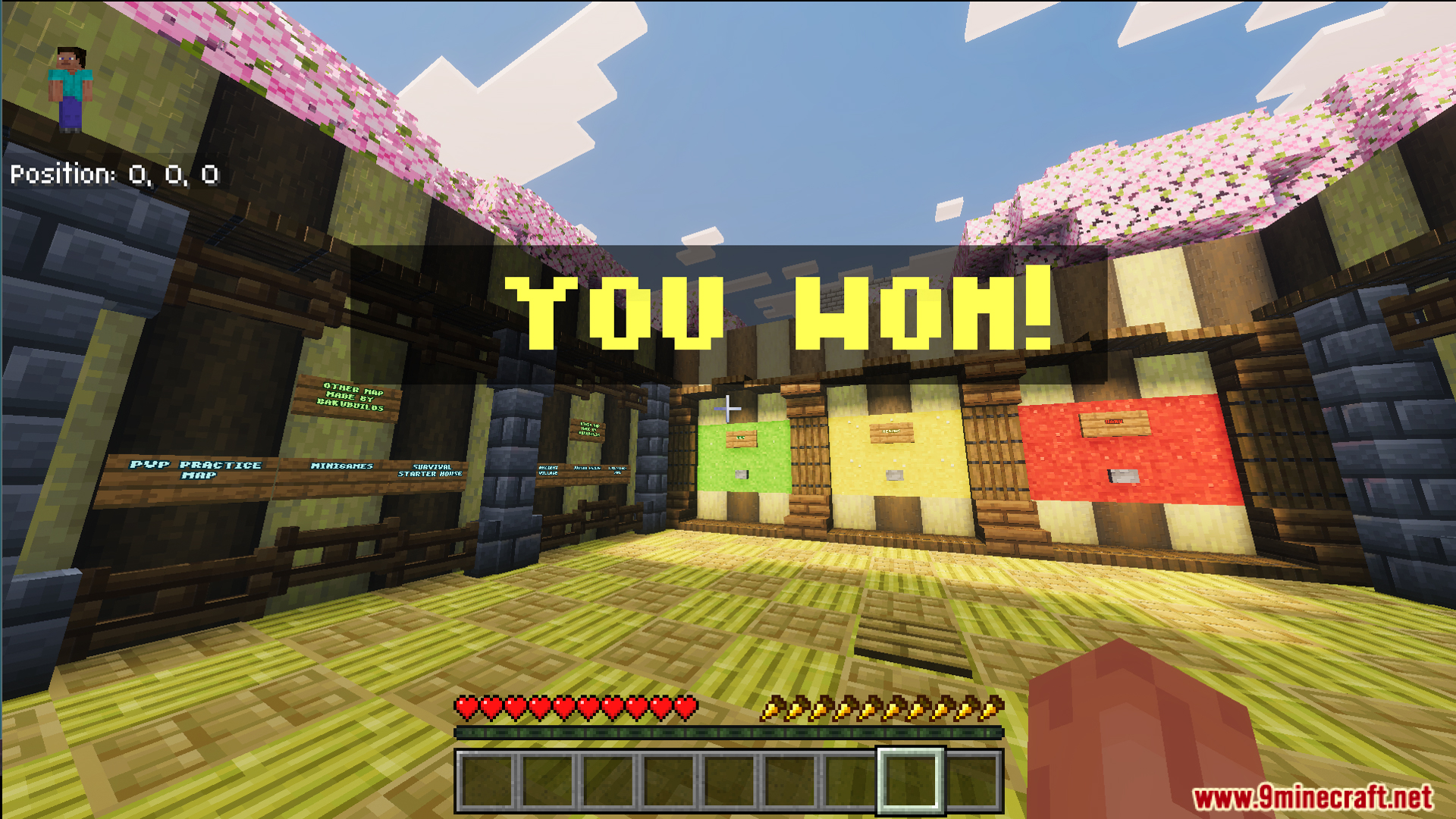 Wooden lobby area displaying a victory message after completing the parkour course