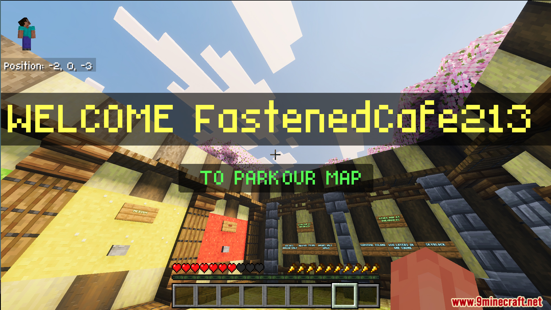Welcome screen in a wooden lobby within the Parkour with levals Map