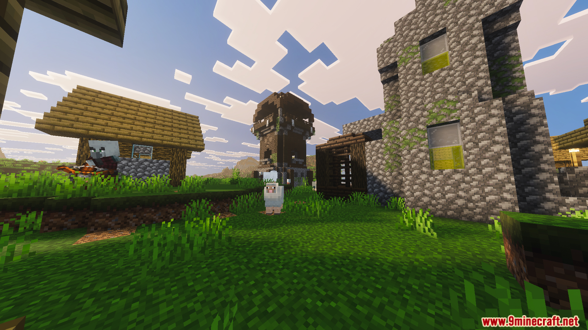 Part II OP Tool Smith Mod Map Screenshot 1 A pillager with a crossbow near village houses and a stone tower