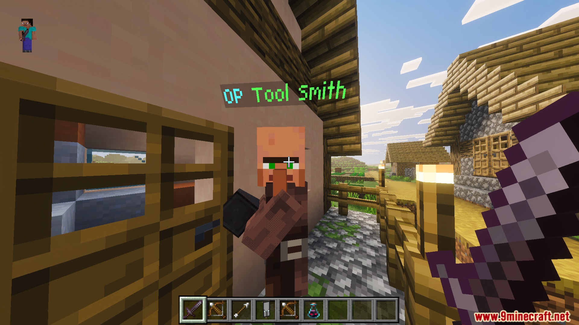 Part II OP Tool Smith Mod Map Screenshot 2 Player holding a powerful purple sword while looking at the OP Tool Smith