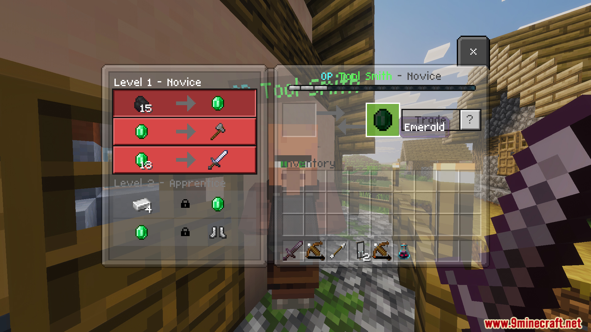 Part II OP Tool Smith Mod Map Screenshot 3 Player holds a purple sword while viewing novice level villager trade offers