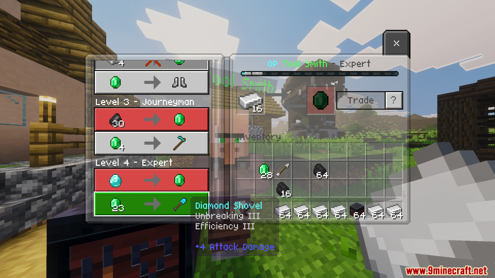 Part II OP Tool Smith Mod Map Screenshot 5 Tool smith trading interface showing expert level diamond shovel and resource exchanges