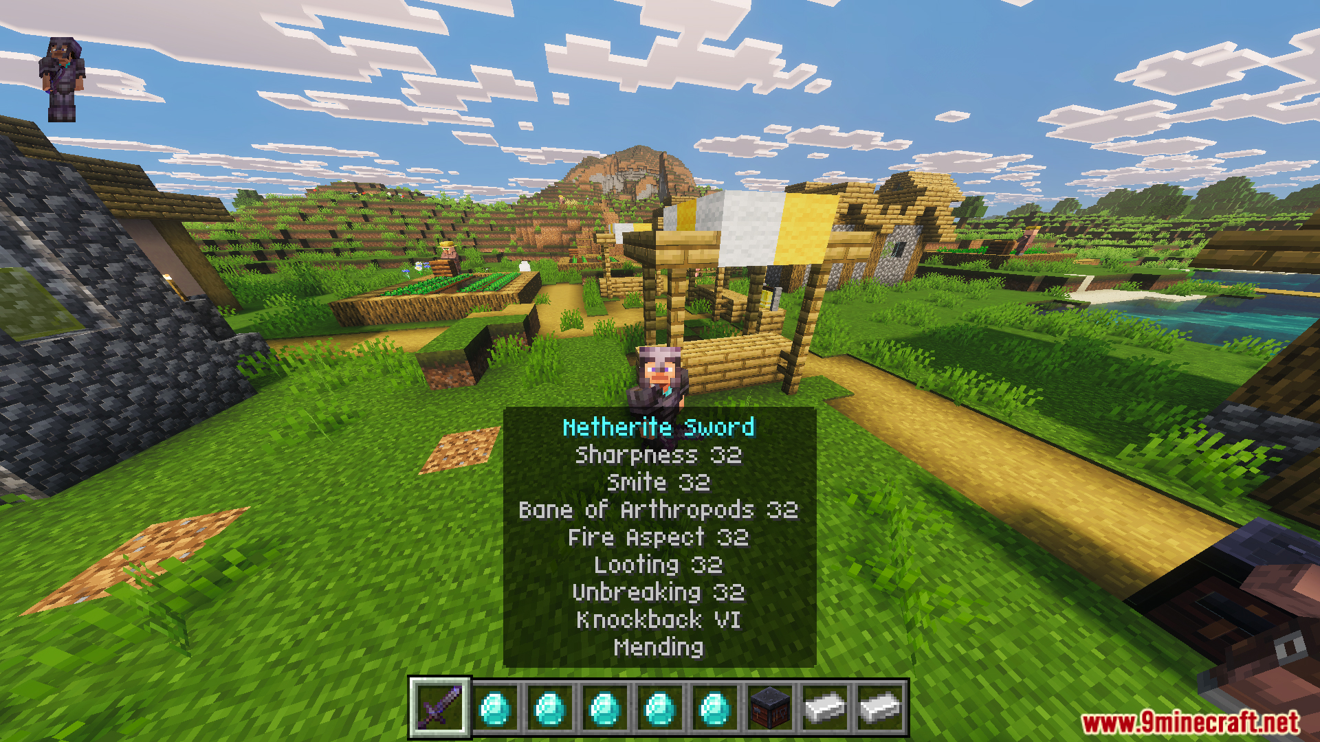Part II OP Tool Smith Mod Map Screenshot 8 Player holding a netherite sword with level thirty two enchantments in a village