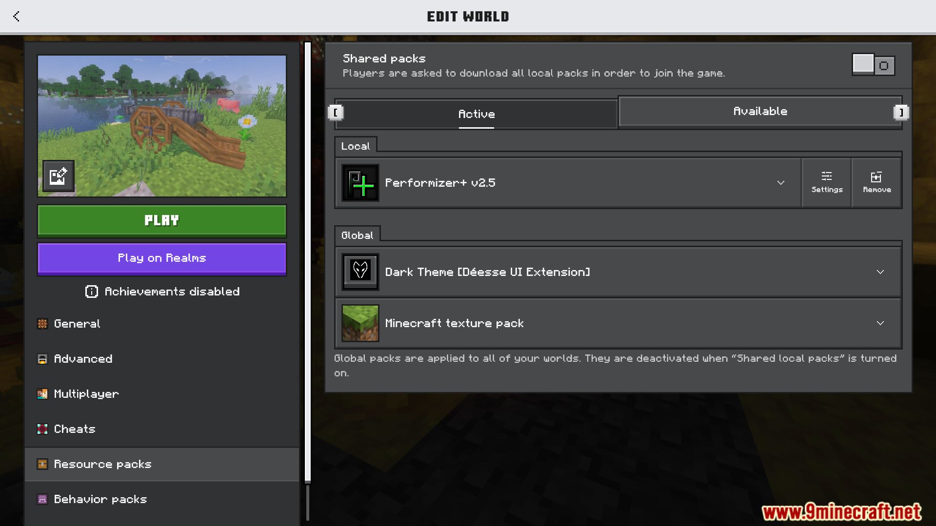 Minecraft world settings menu showing the active Performizer Plus texture pack