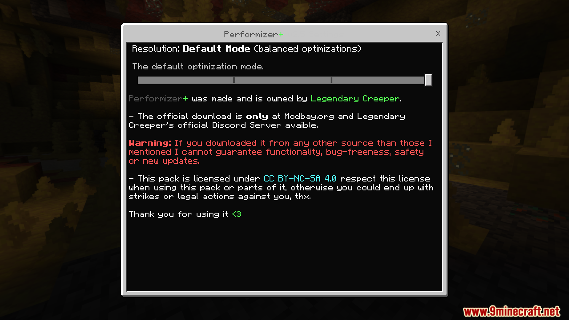 Customization menu for the pack with a slider to select optimization modes