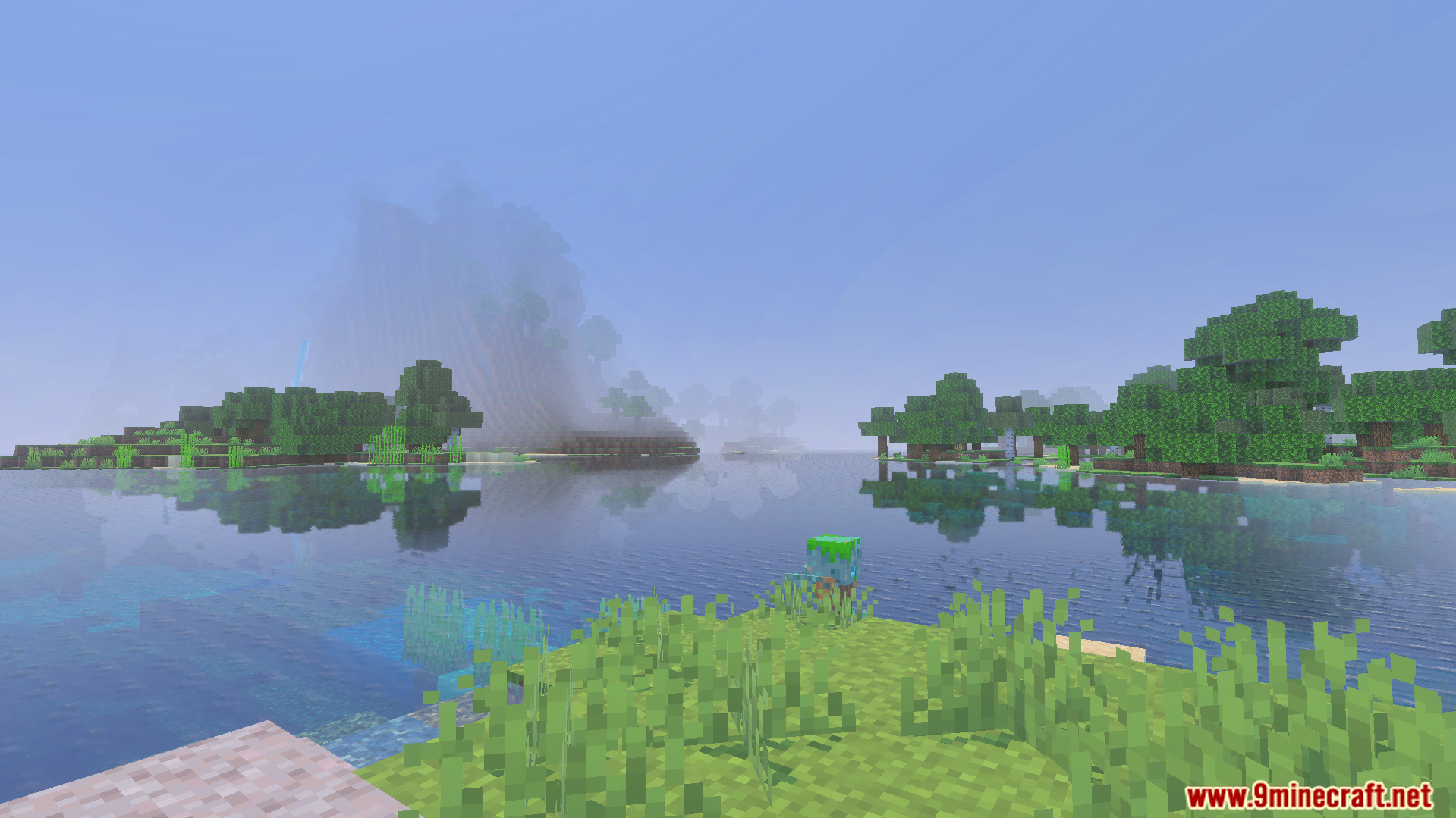 Performizer Plus Texture Pack features a scenic lake with simplified water and trees