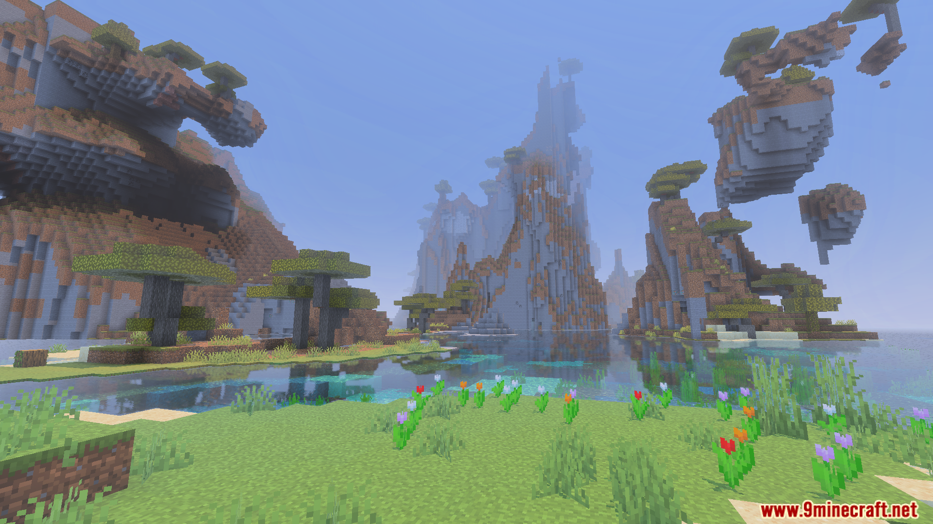 Performizer Plus Texture Pack showing simplified water and leaves with floating islands
