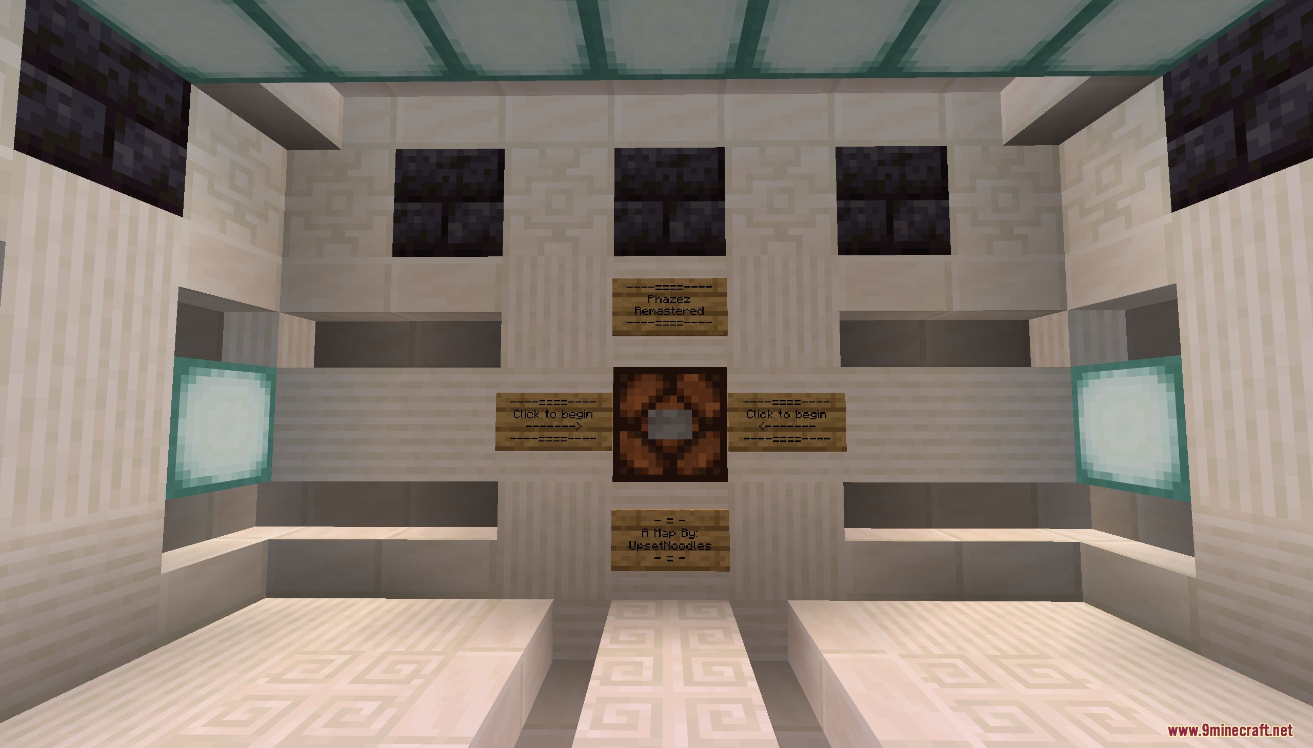 Phazez Remastered Map Screenshot 1 The lobby of Phazez Remastered Map featuring signs and a start button