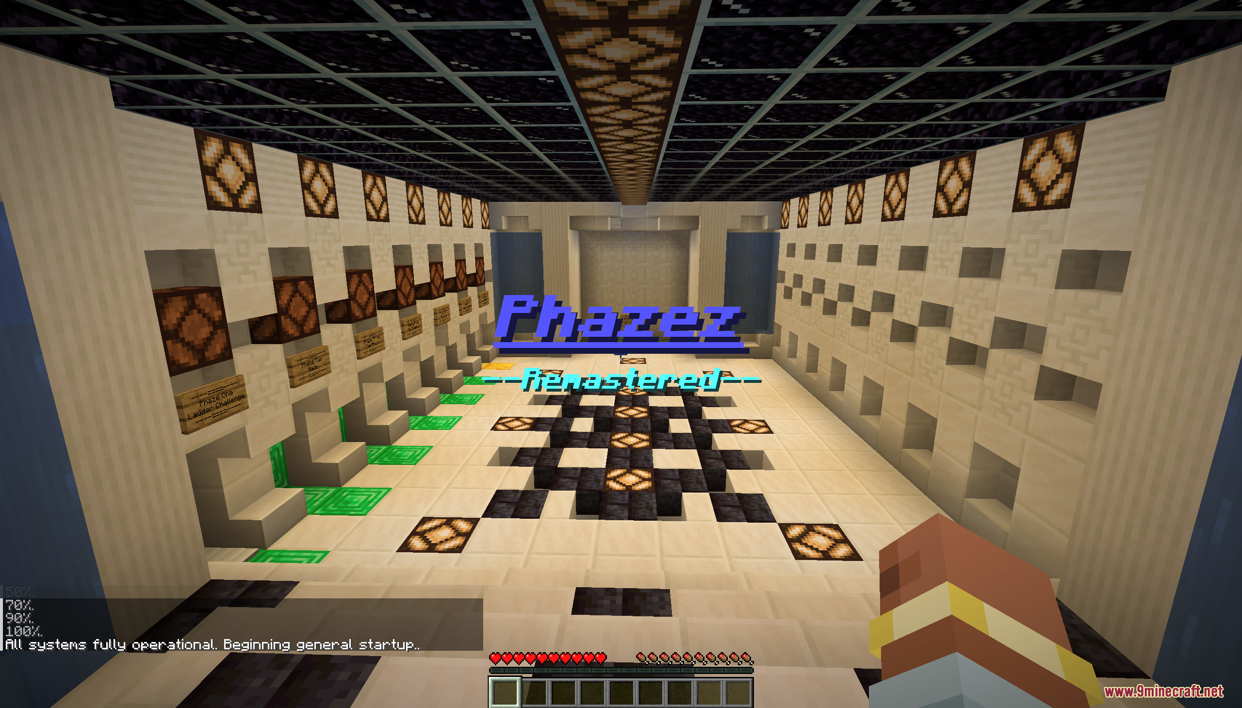 Phazez Remastered Map Screenshot 5 A large futuristic room in Minecraft featuring the Phazez Remastered title