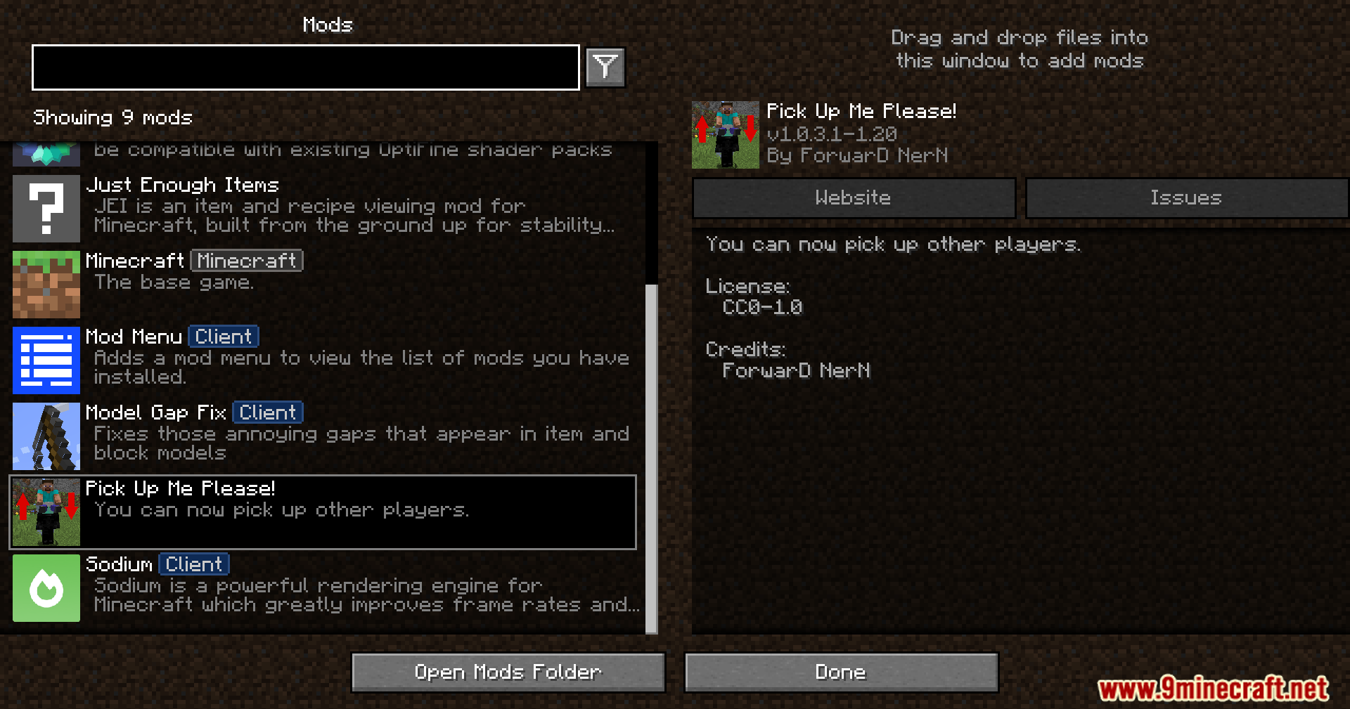 Pick Up Me Mod Screenshot 1 Minecraft mod menu screen showing the Pick Up Me Please mod