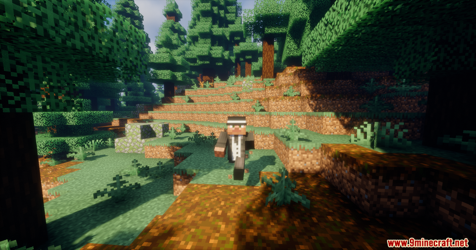 Pick Up Me Mod Screenshot 9 Player in a suit running through a sunlit Minecraft forest