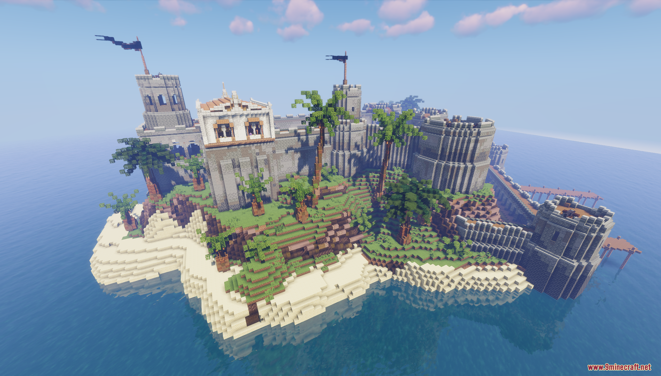 Pirate Fortress Map Screenshot 2 Detailed stone walls and palm trees on a tropical island in Minecraft