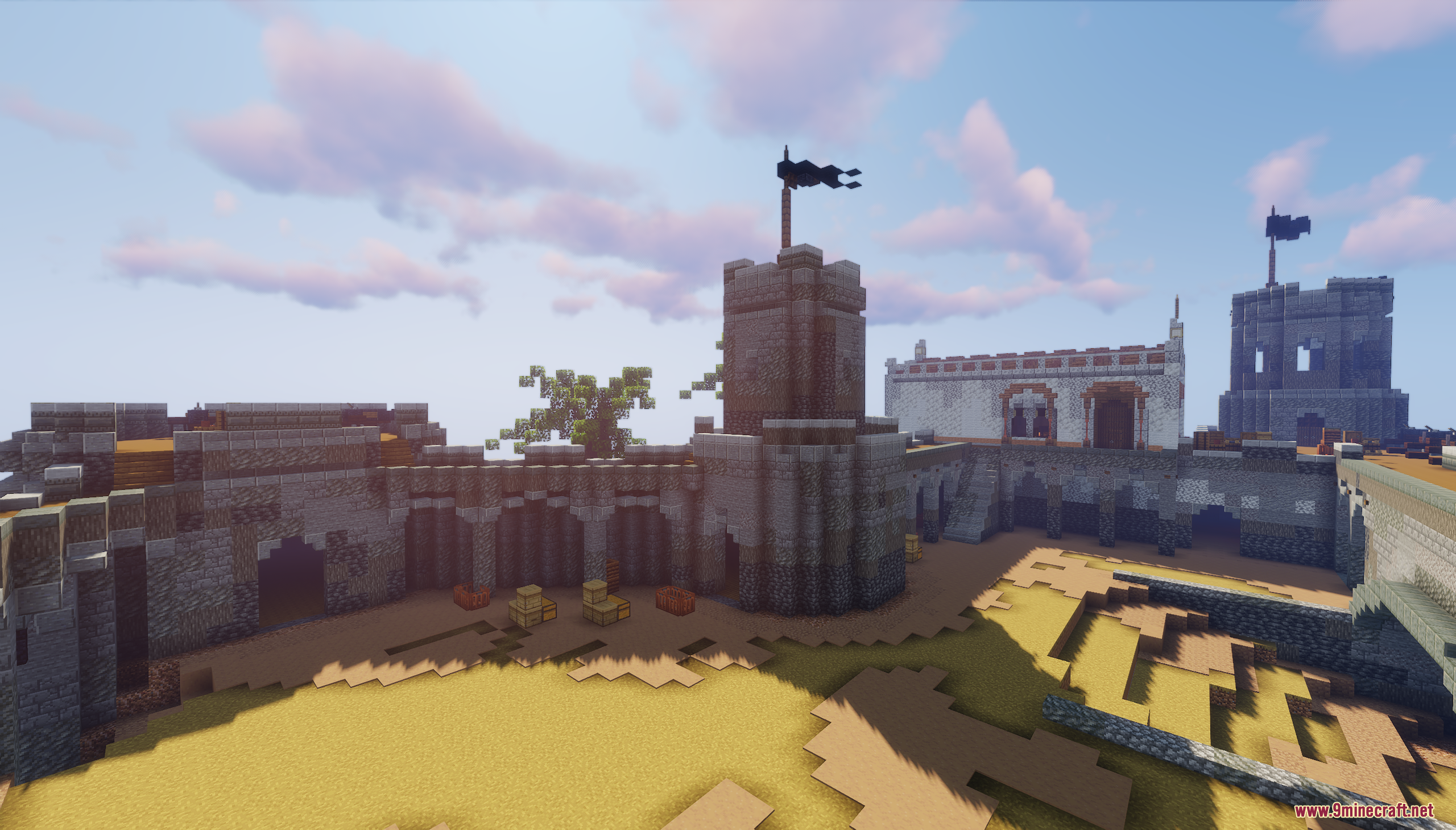 Pirate Fortress Map Screenshot 6 The inner courtyard of a stone fortress with towers and black flags
