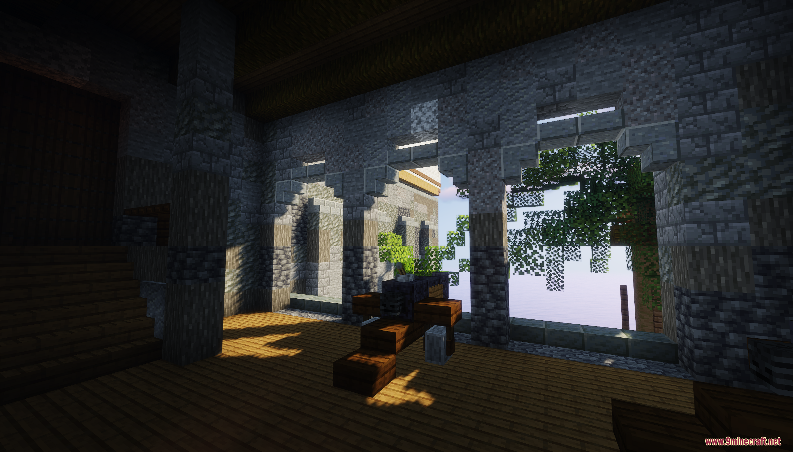 Pirate Fortress Map Screenshot 9 Sunlight streams through arched windows into a stone room with wooden floors