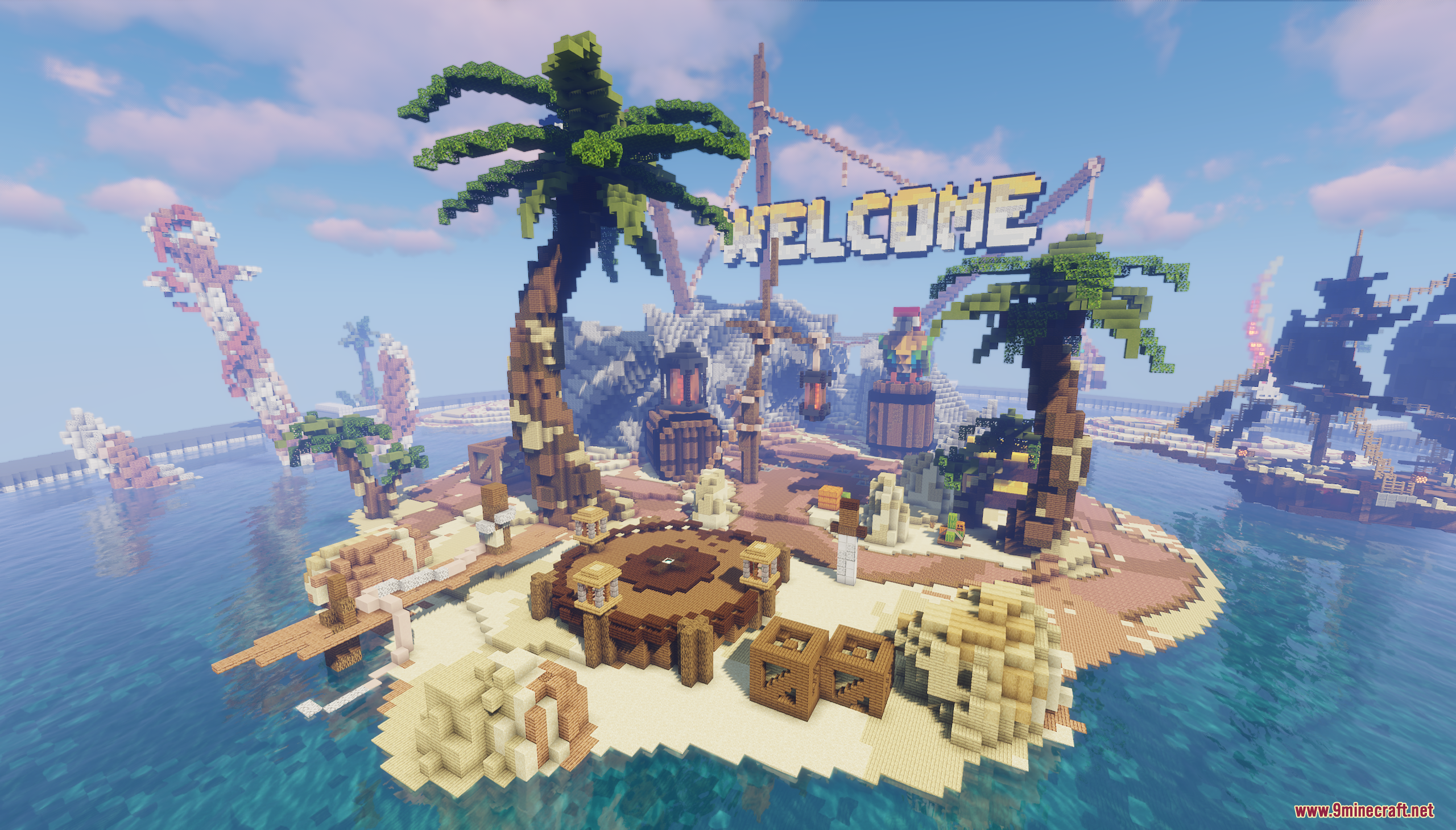 Pirate's Island Map Screenshot 1 Overview of the Pirate Island Map featuring palm trees and welcome sign