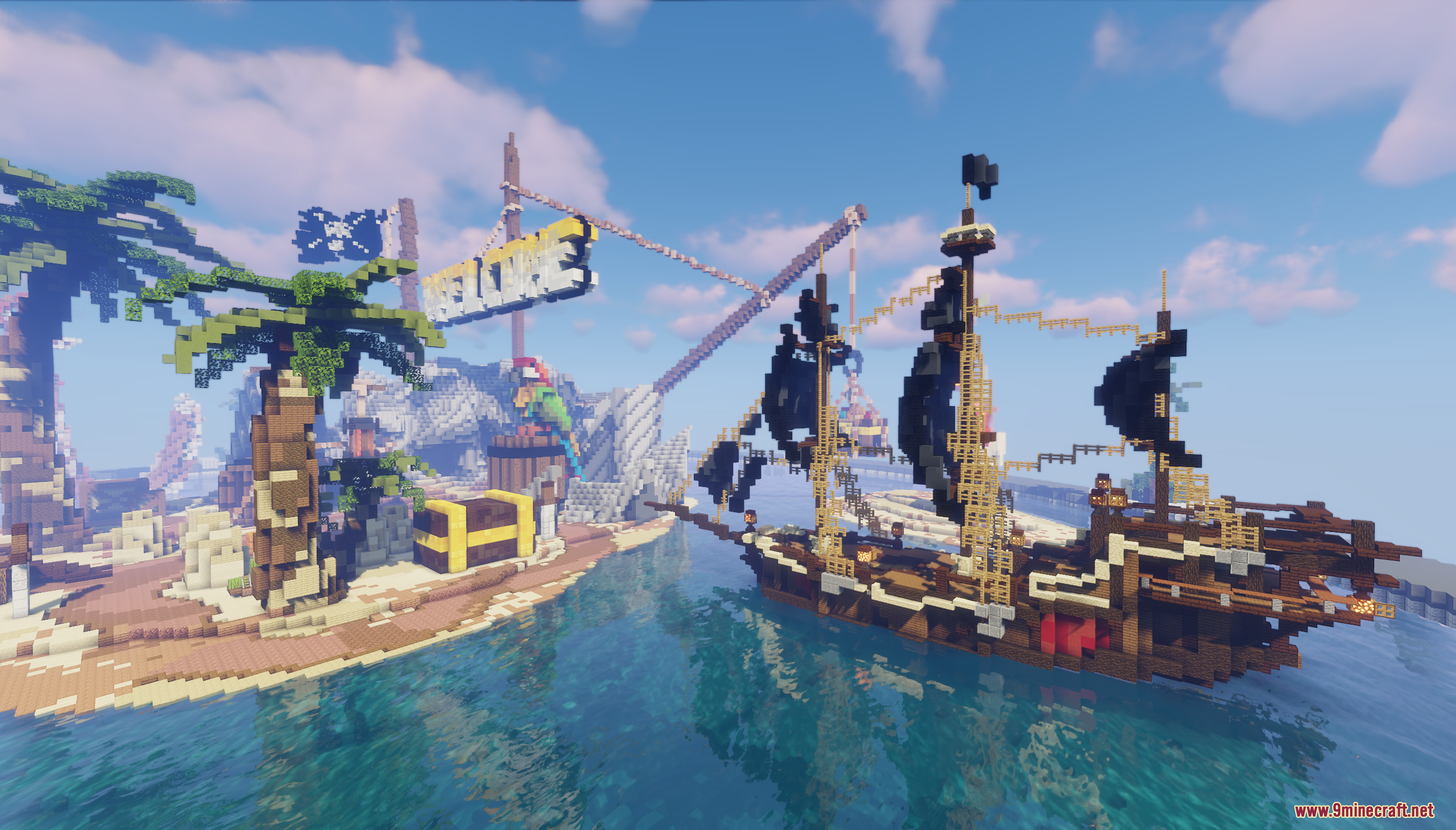 Pirate's Island Map Screenshot 2 A detailed pirate ship with black sails anchored near a tropical island