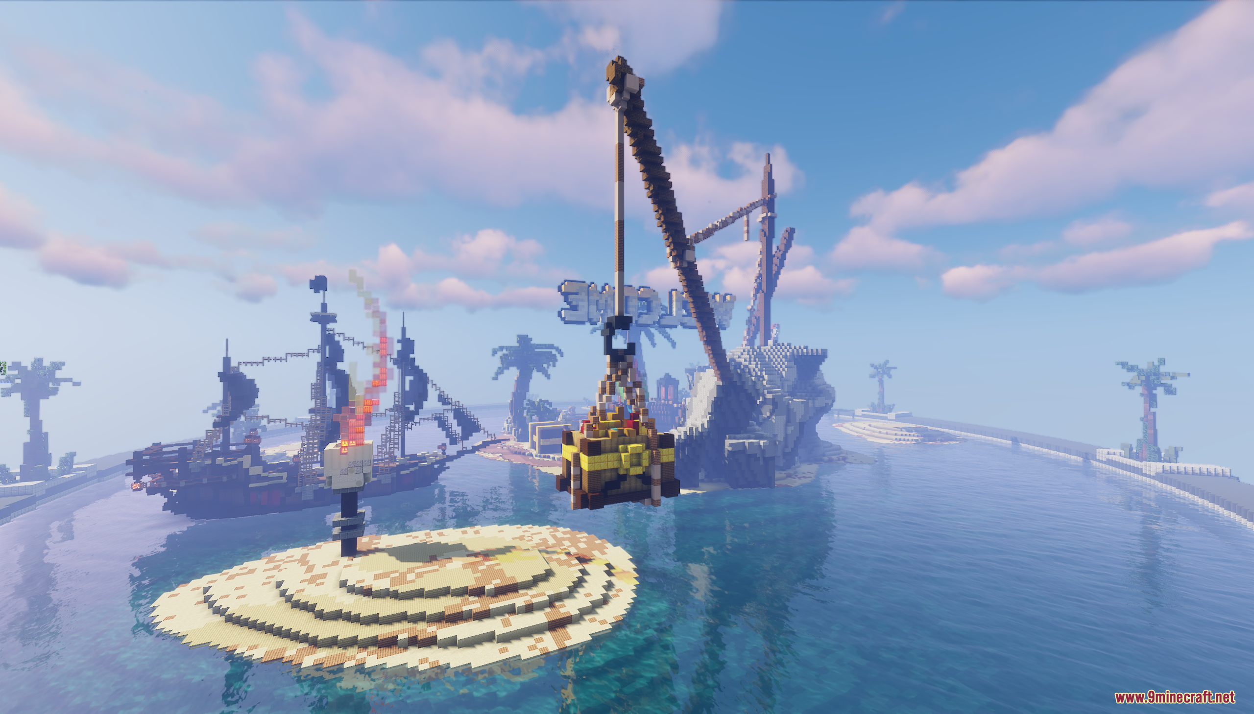 Pirate's Island Map Screenshot 3 A wooden crane lifts a treasure chest near a large pirate ship