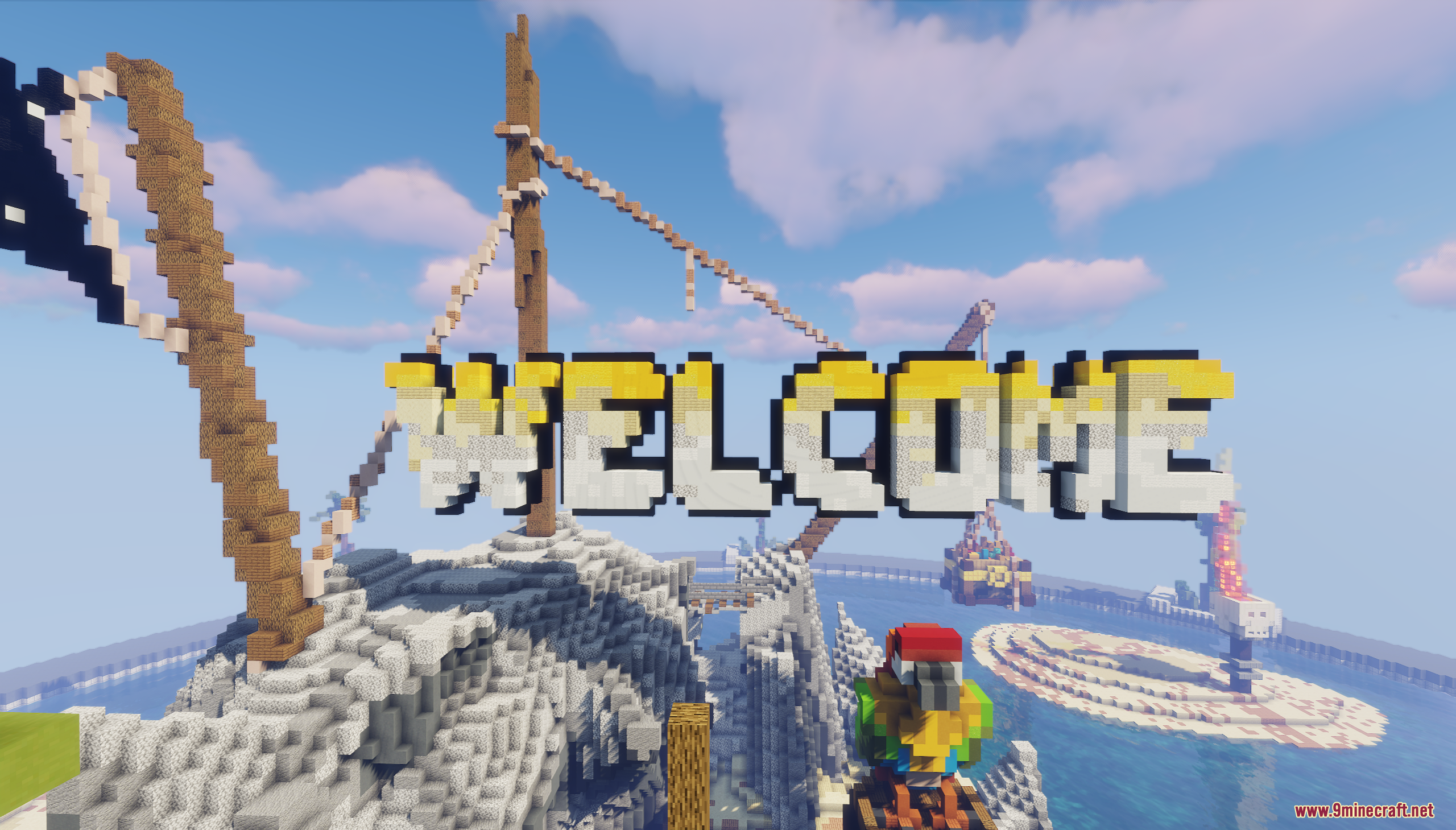 Pirate's Island Map Screenshot 4 A giant welcome sign stands on a cliff with a colorful parrot