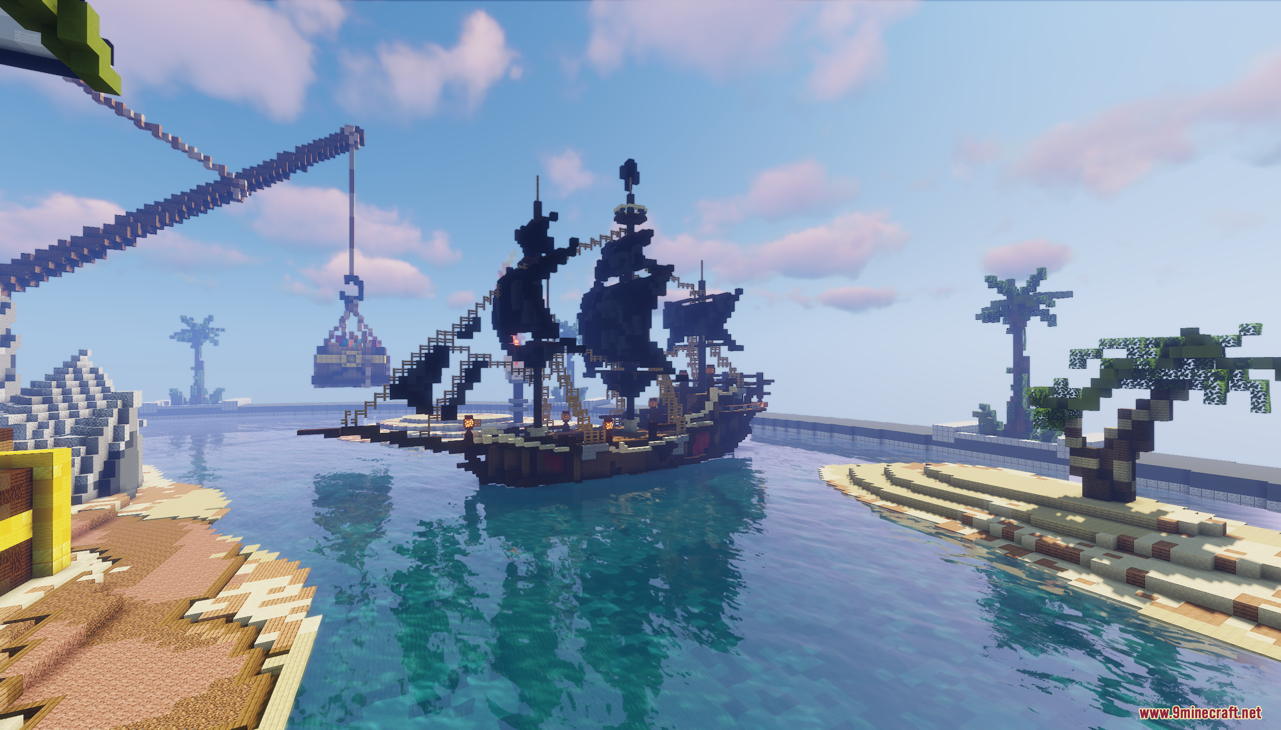 Pirate's Island Map Screenshot 7 A pirate ship with black sails anchored in a tropical bay with palm trees