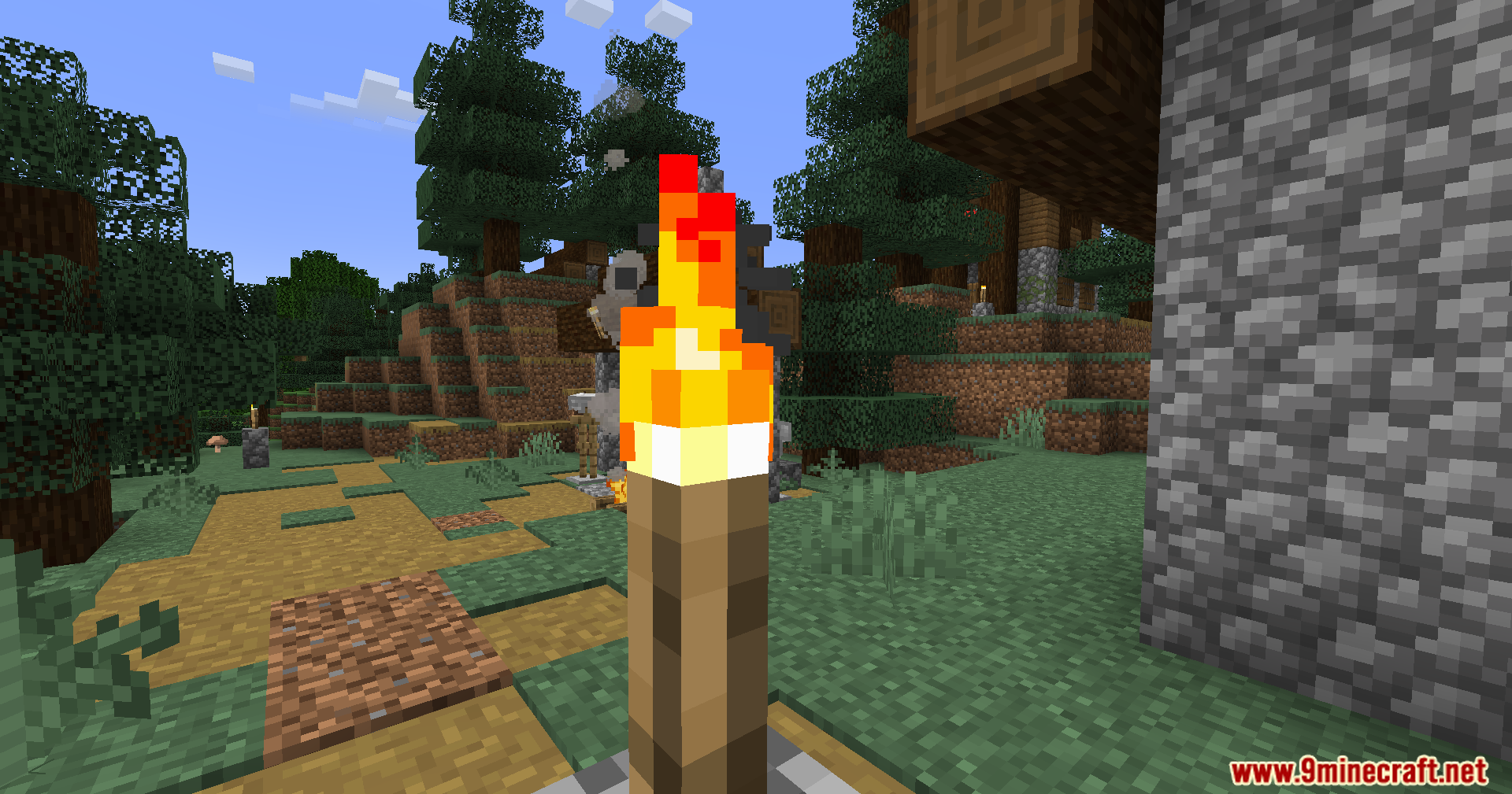 A lit torch stands on a forest path with a cinematic blurred background effect