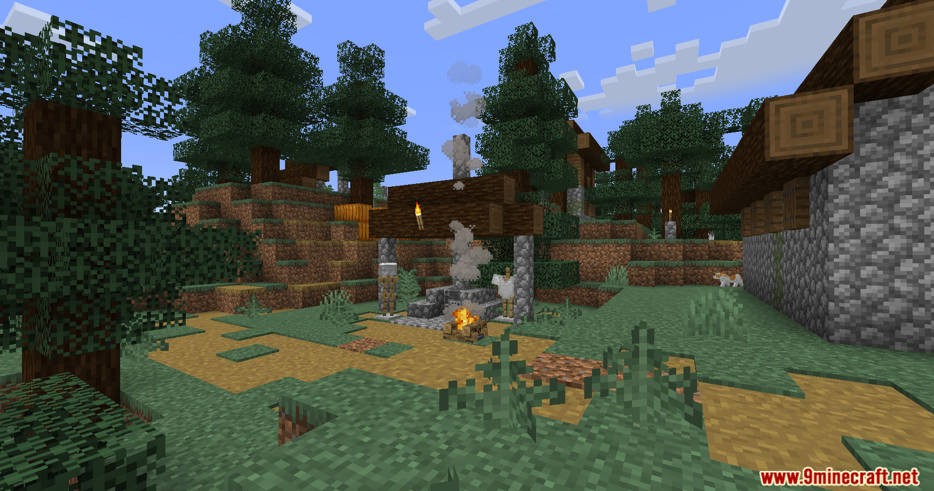 Village blacksmith area with armor stands and a campfire