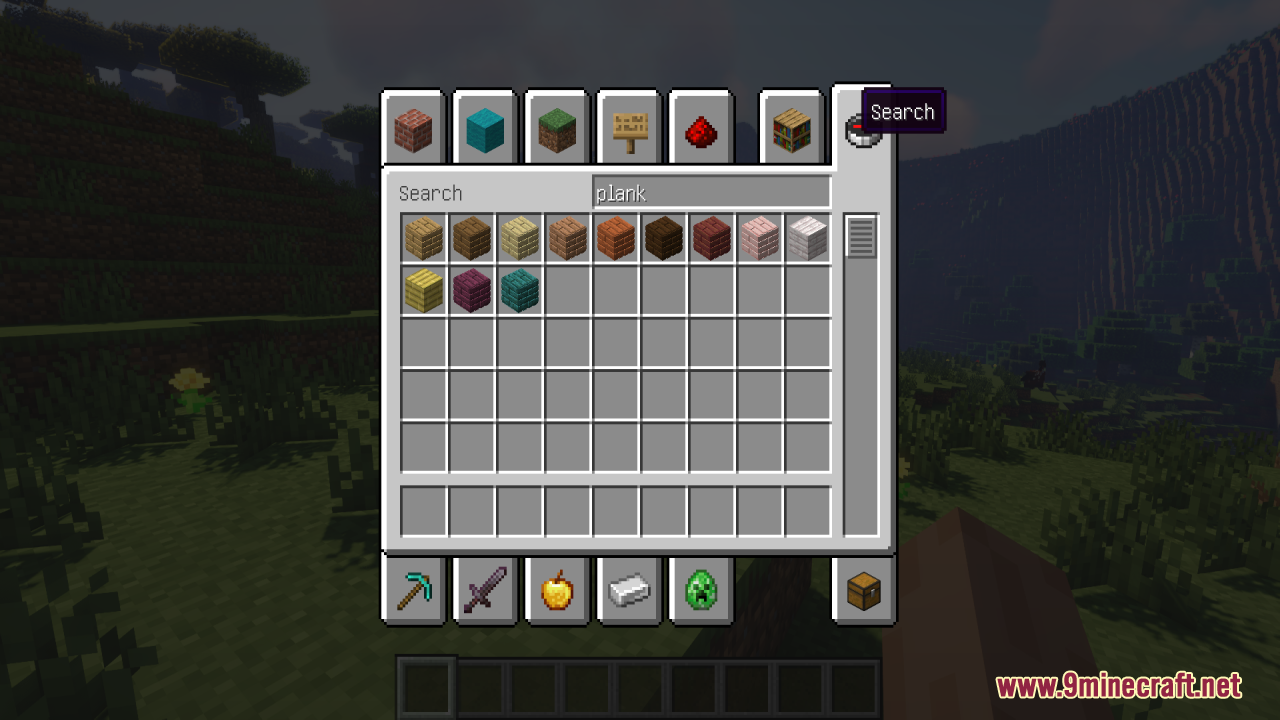 The creative inventory menu displays various wooden planks with realistic 3D depth