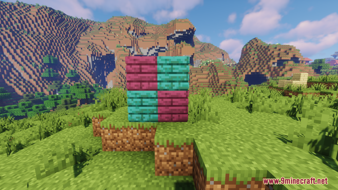 Crimson and warped planks showing realistic 3D depth on a grassy hill