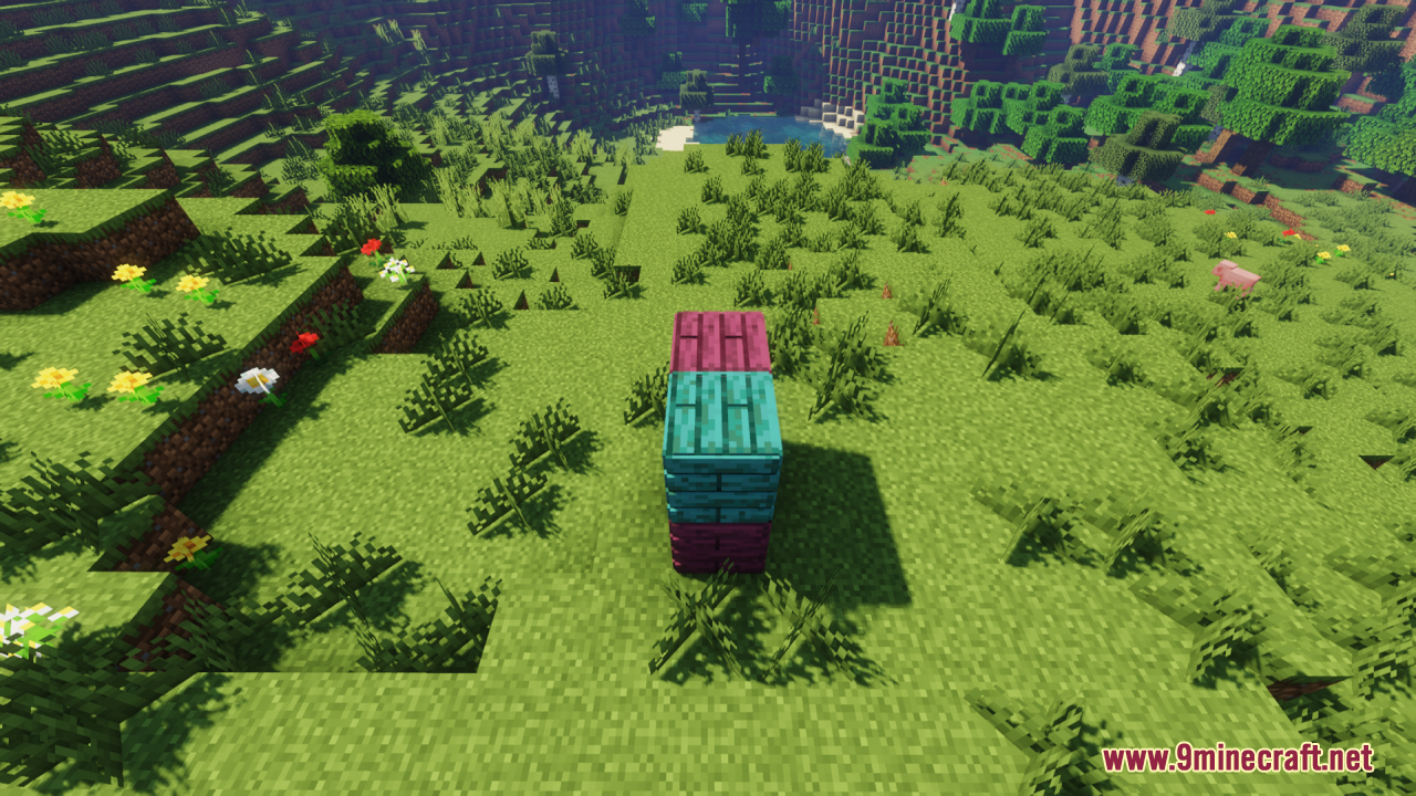 Crimson and warped planks with realistic depth stacked in a grassy field