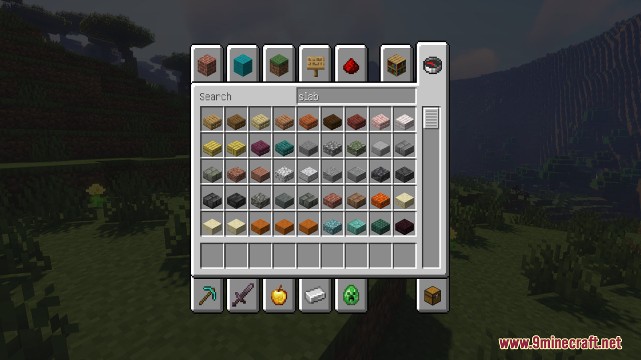 Searching for slabs in the inventory shows wooden blocks with 3D textures