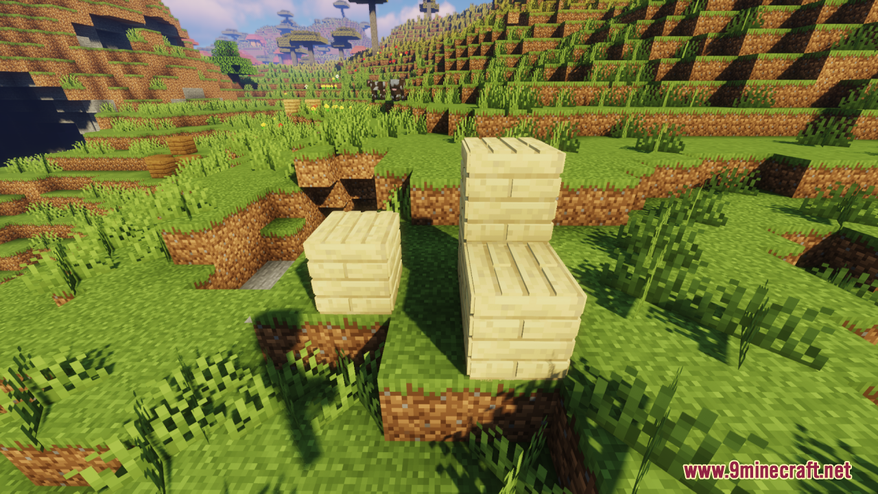 Birch planks and slabs showing realistic 3D depth in a grassy field