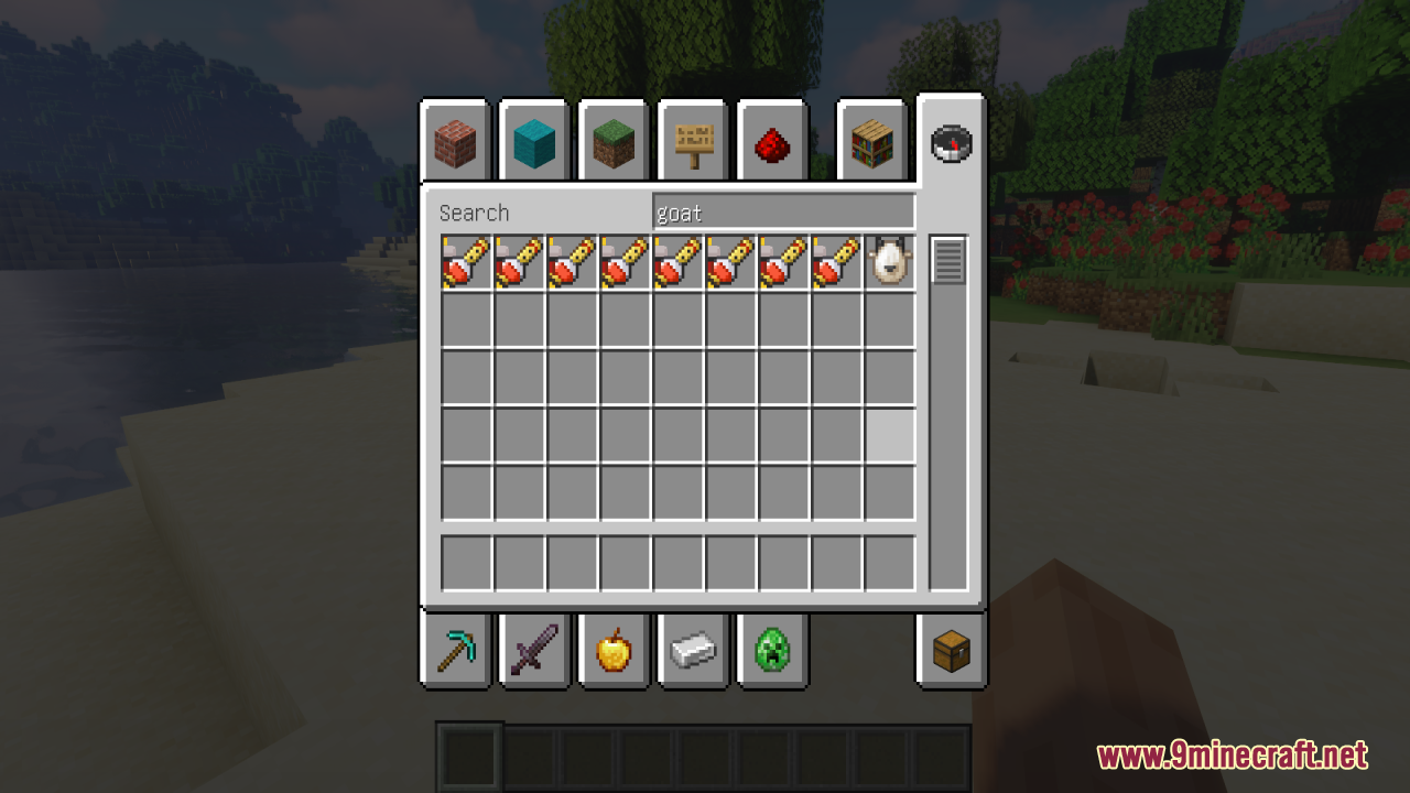 The creative inventory shows custom musical items found by searching for goat horns