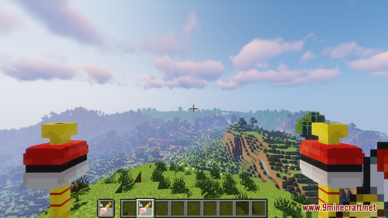 A player overlooks a village from a cliff while holding custom Poke Flutes