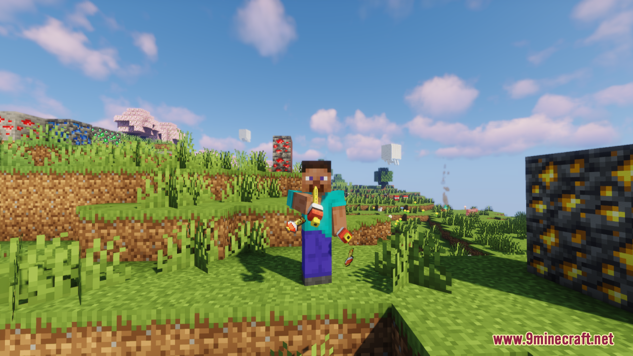 Steve character holding a Poke Flute item in a grassy Minecraft field