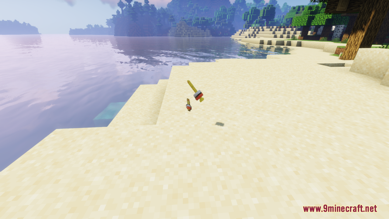 A three dimensional Poke Flute model dropped on a sandy beach in Minecraft