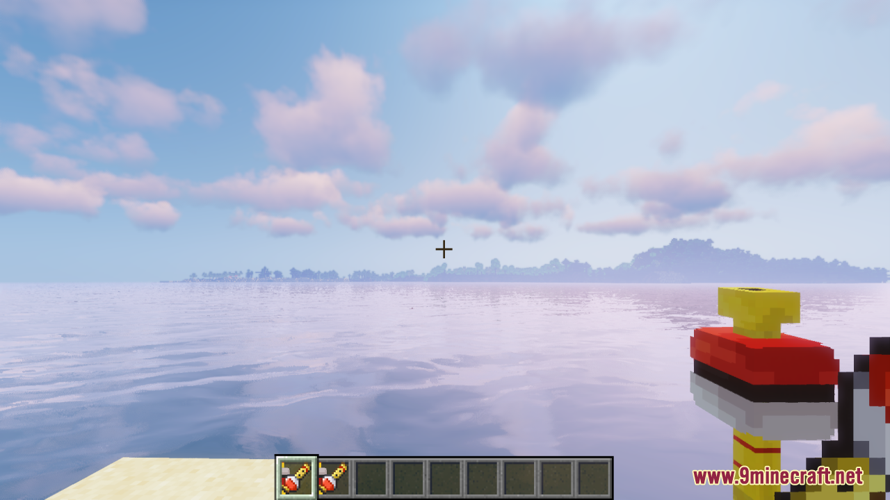 Minecraft player holding a Poke Flute item while looking at a scenic ocean