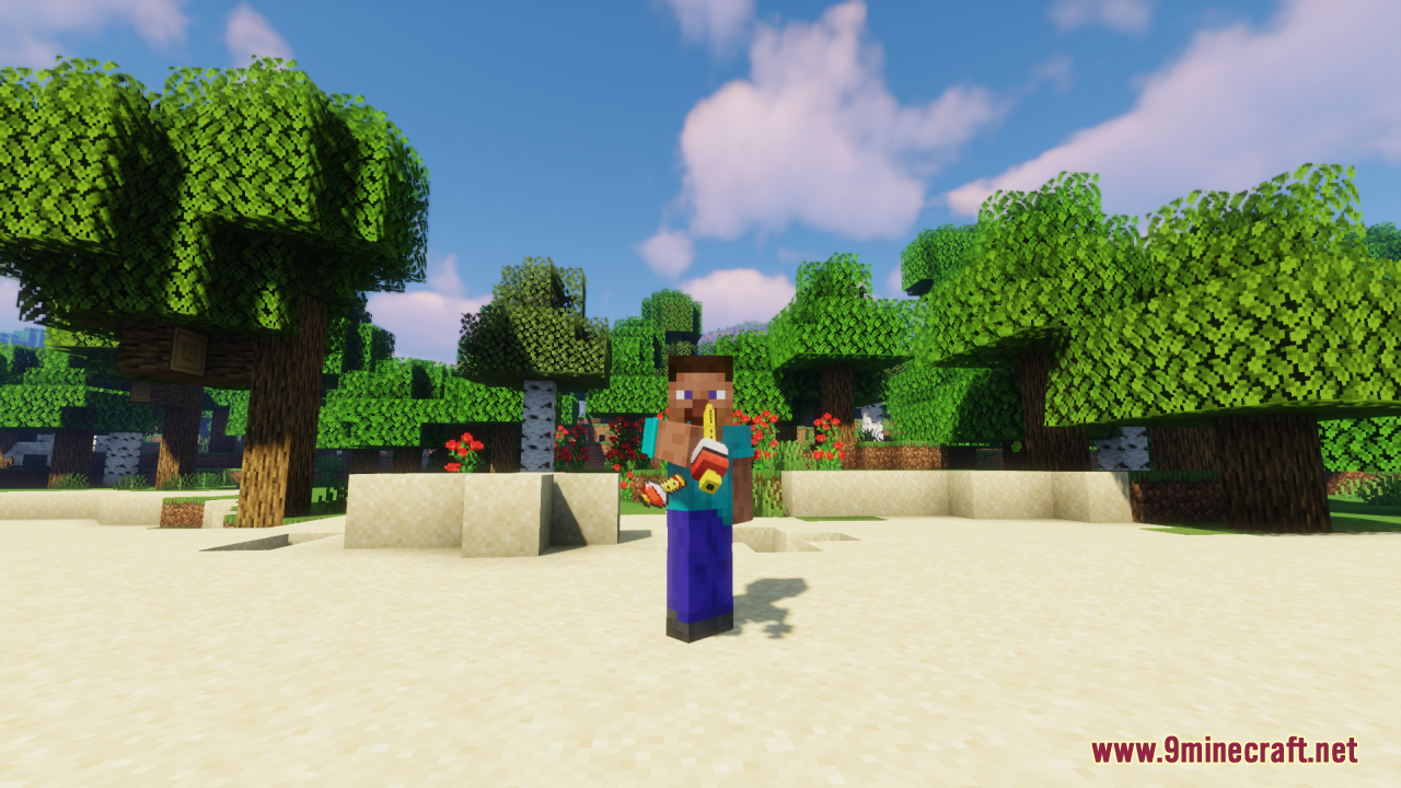 A Minecraft character playing a custom Poke Flute in a sunny forest