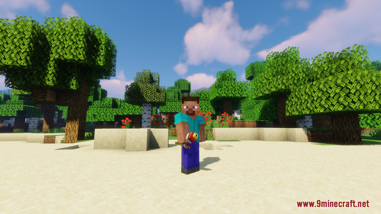 Steve holding a custom Poke Flute item in a sunny Minecraft landscape