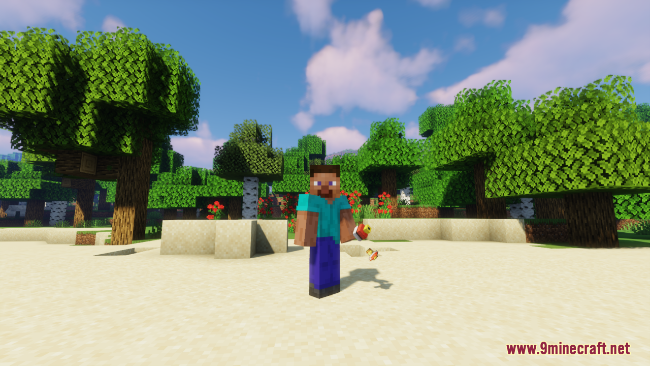 Minecraft character holding a custom 3D Poke Flute in a sunny forest