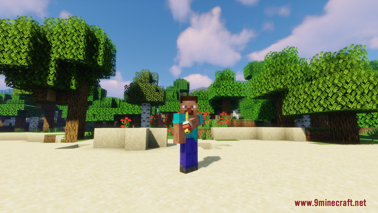 Minecraft player blowing into a Poke Flute to play a musical tune