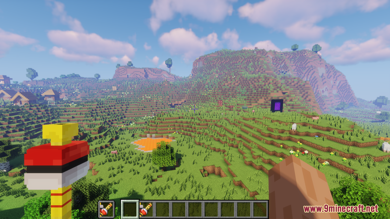 Player holding a custom Poke Flute model in front of a Nether portal
