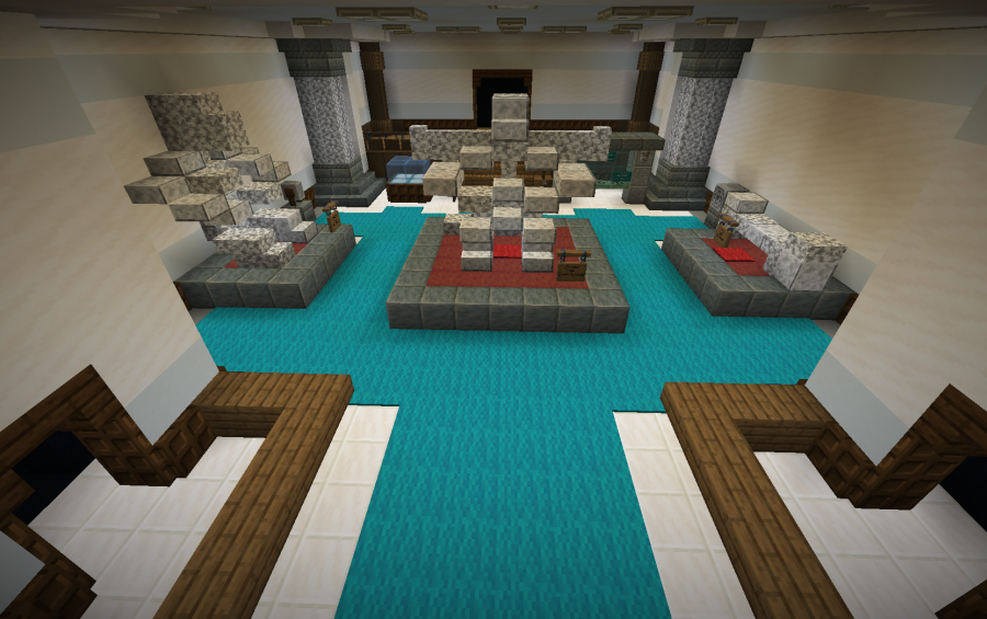 Museum interior featuring large dinosaur fossils displayed on stone pedestals with cyan carpet