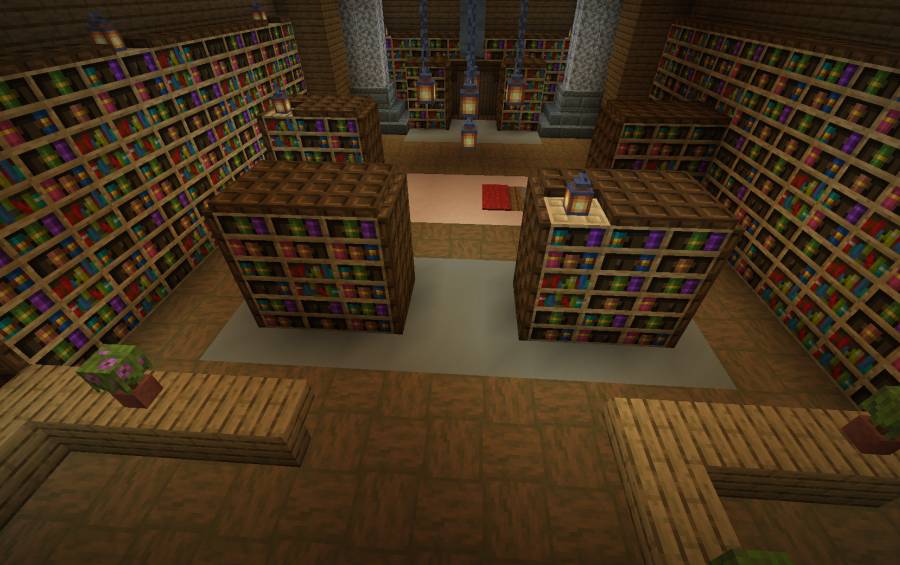 Library room filled with many bookshelves and lanterns hanging from the ceiling