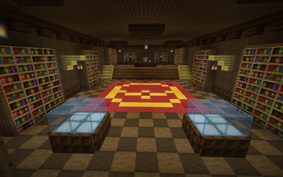 Minecraft museum interior with bookshelves and a red and yellow Pokeball carpet