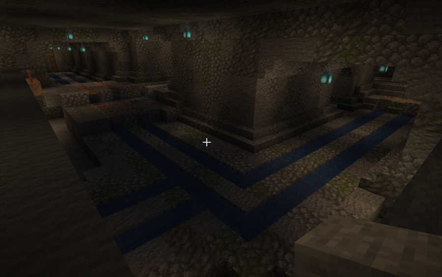 Pokémon Temple Arena Japanese Litematica Schematic Screenshots 2 Hidden sewer system featuring flowing water channels and mossy stone block walls