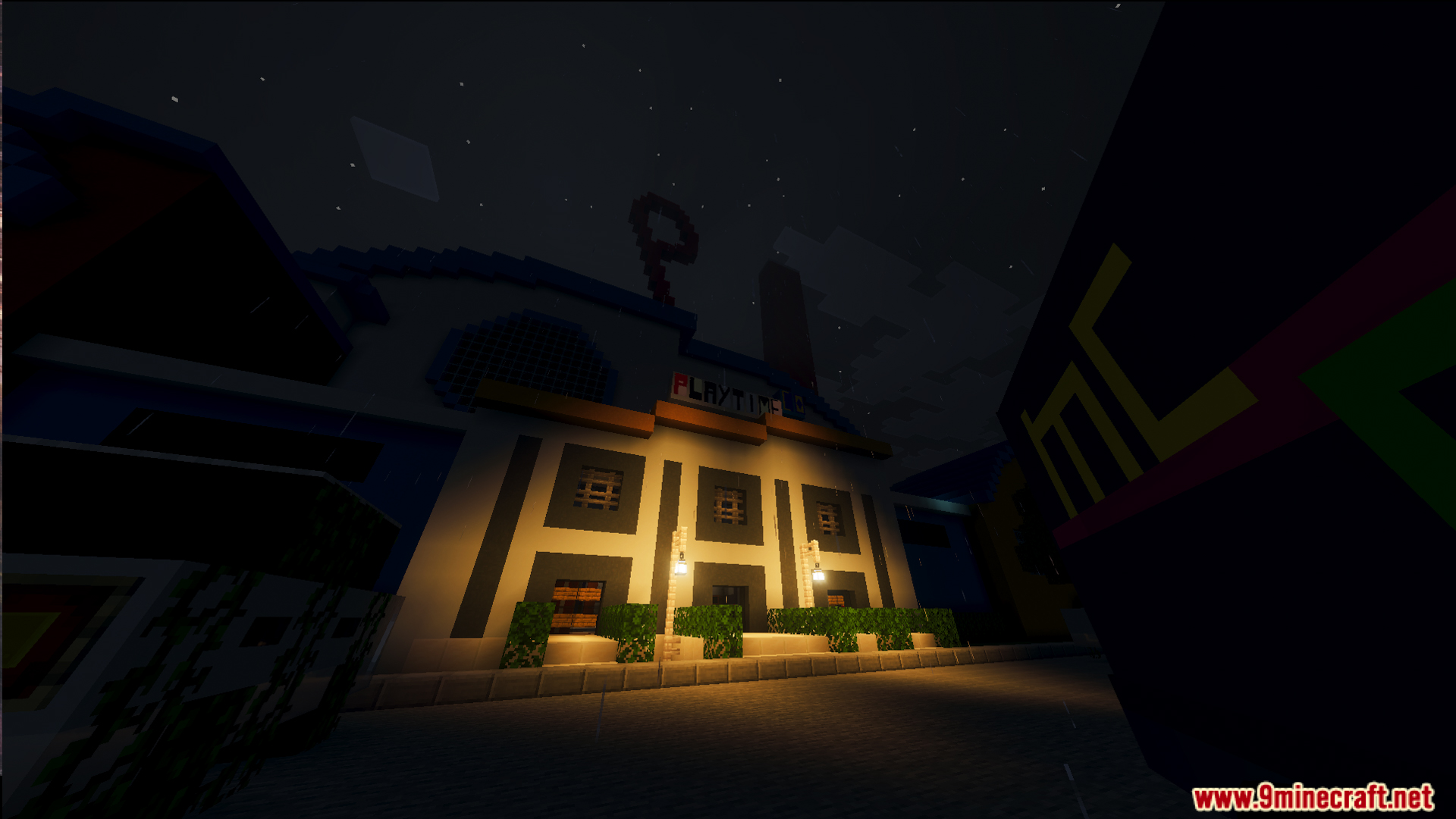 Exterior view of the Poppy Play Time Chapter 1 toy factory at night