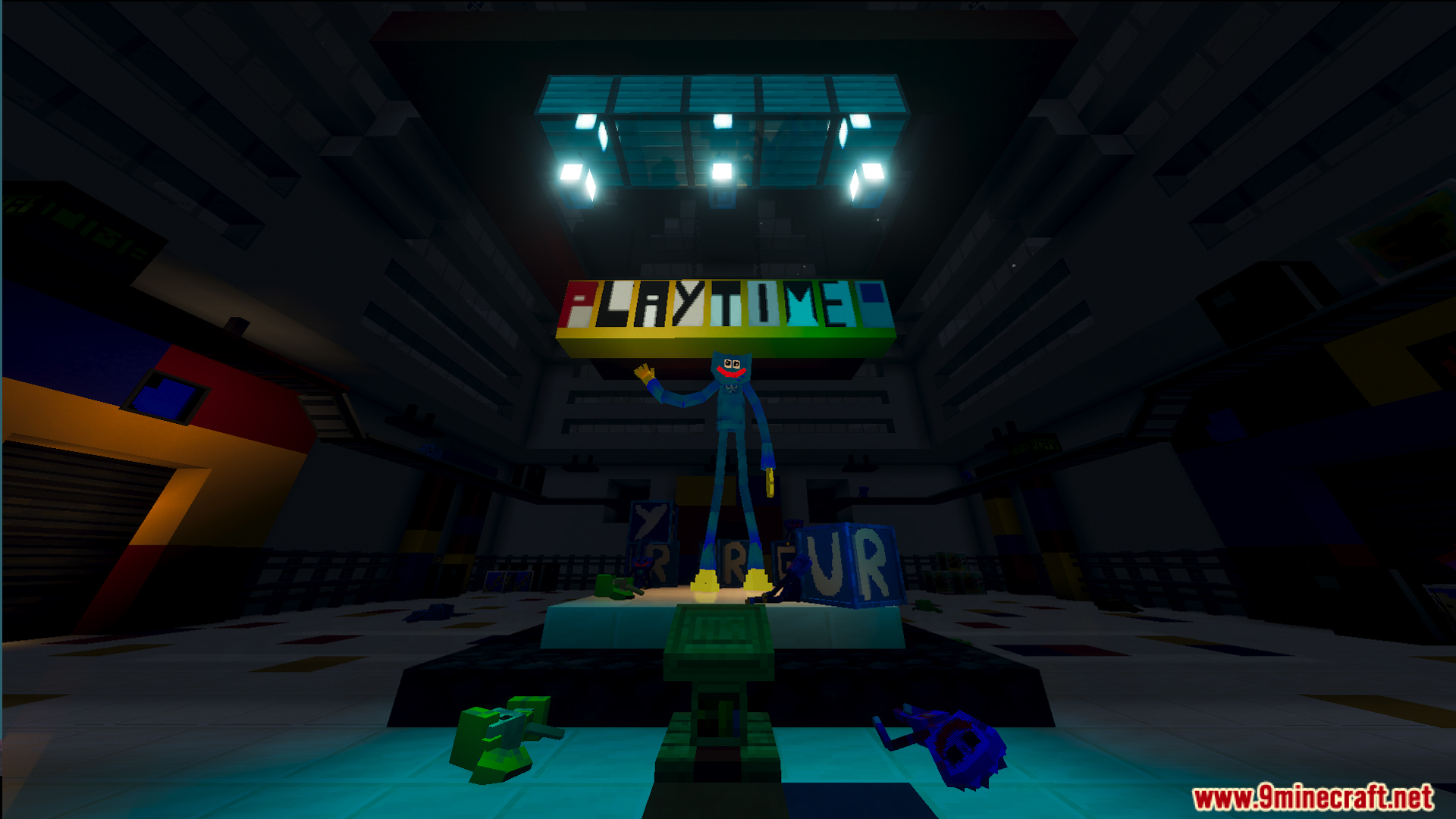 Giant blue monster statue standing under a playtime sign in the dark hall