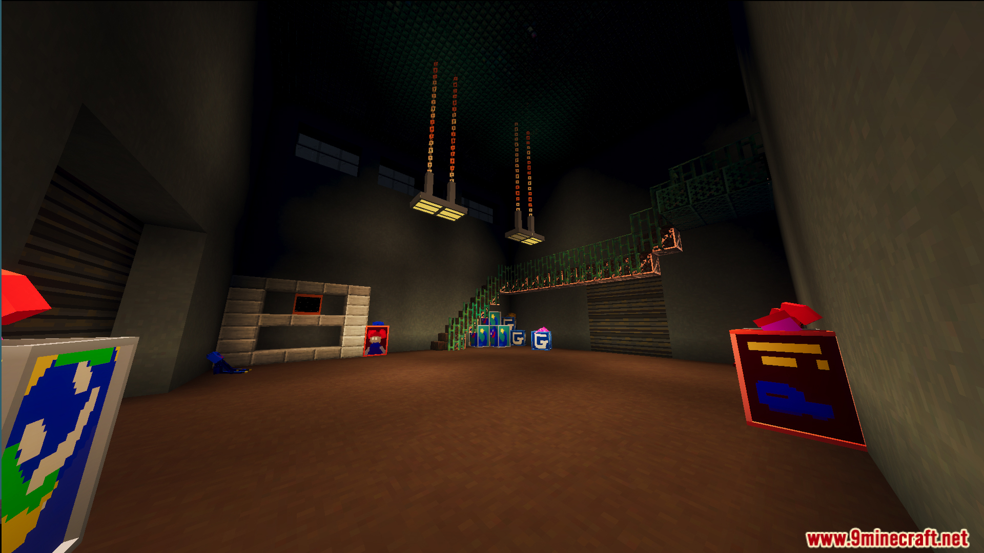 Exploring a large dark room with stairs and toy boxes in the factory