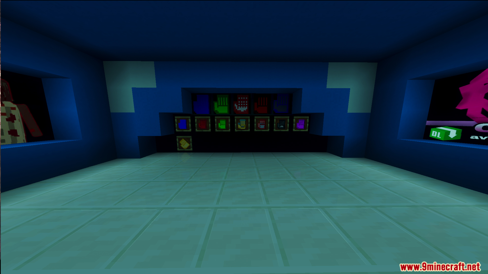 A display of colorful mechanical hand icons inside a blue room