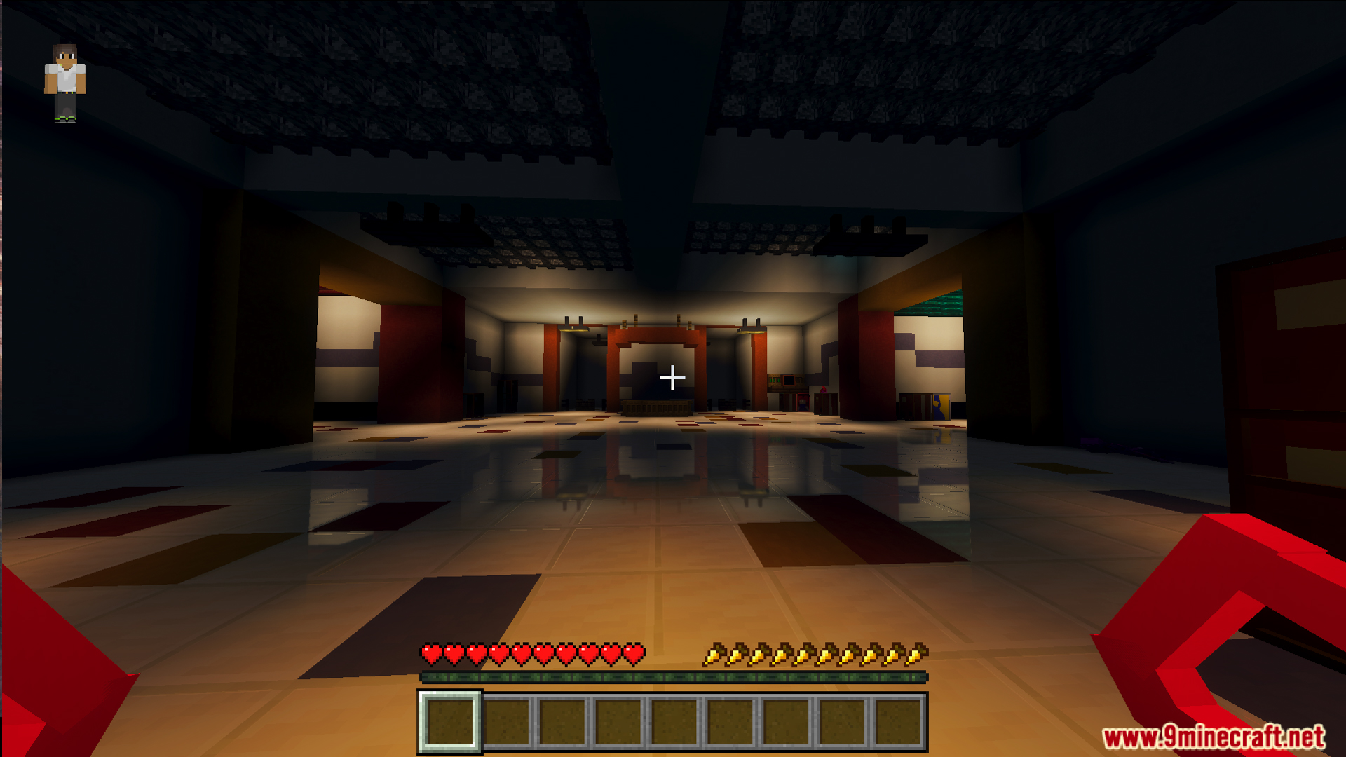 Interior of a dark toy factory with shiny floors and colorful tiles